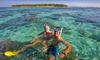 Two snorkellers floating above a reef with an island in the background