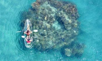 Aerial view of a couple in a clear kayak above a circular coral reef formation