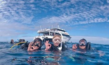 Three scuba divers in the water at the Great Barrier Reef on the Prodive 5 day PADI open water course