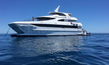 A three story dive boat anchored in the ocean with blue skys in the background