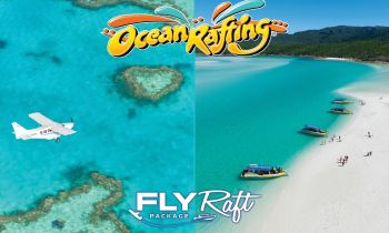 A split image with one half showing a plane flying over the heart reef during a scenic flight and the second image showing boats at Whitehaven Beach during an Ocean Rafting trip