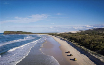 A convoy of 4 wheel drive vehicles driving along 75 mile beach on kgari fraser island as part of the kgari safari trip