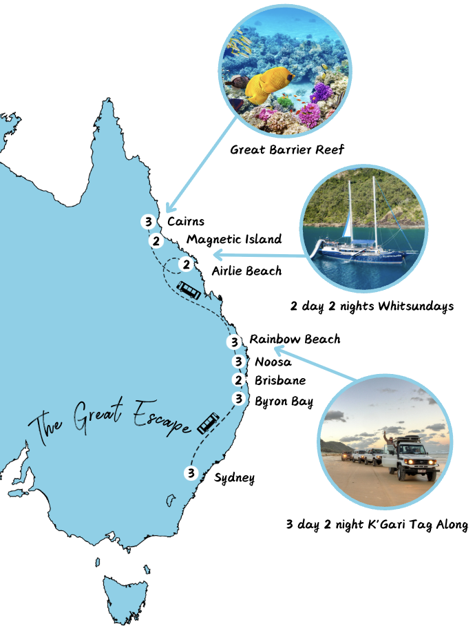 A map showing the route on the East Coast for The Great Escape Australia 28 day trip