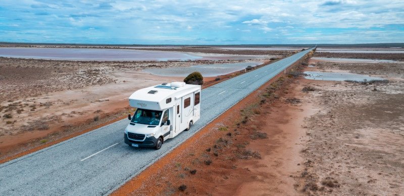 A motorhome driving on a roadtrip in Australia through Peterpans