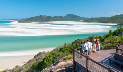 a group of backpackers overlooking a river delta at hill inlet in the Whitsundays