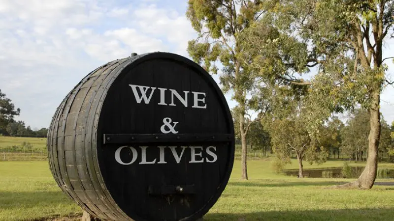 Scenic Hunter Valley wine tour: Large wooden barrel marked WINE & OLIVES on lush green grass, ideal for a memorable day out.