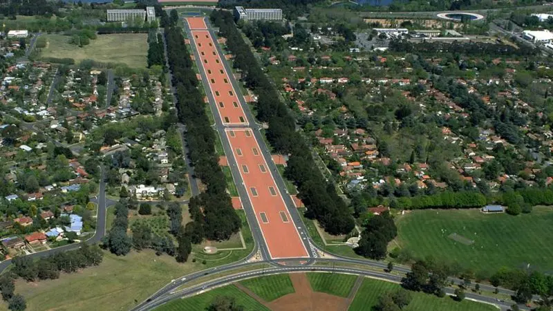 Stunning aerial view of Anzac Parade in Canberra, ideal for a Canberra day trip from Sydney, leading directly to Lake Burley Griffin.