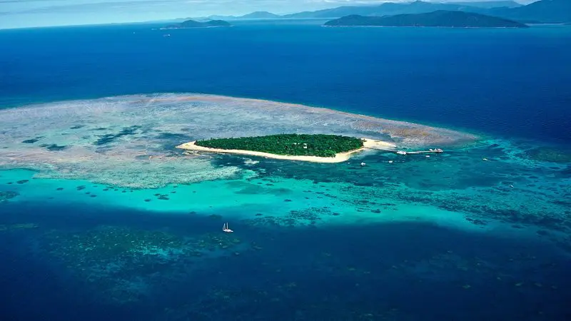 Experience a breathtaking aerial view of a lush green island, vibrant coral reefs, and turquoise waters on a Great Barrier Reef flight.