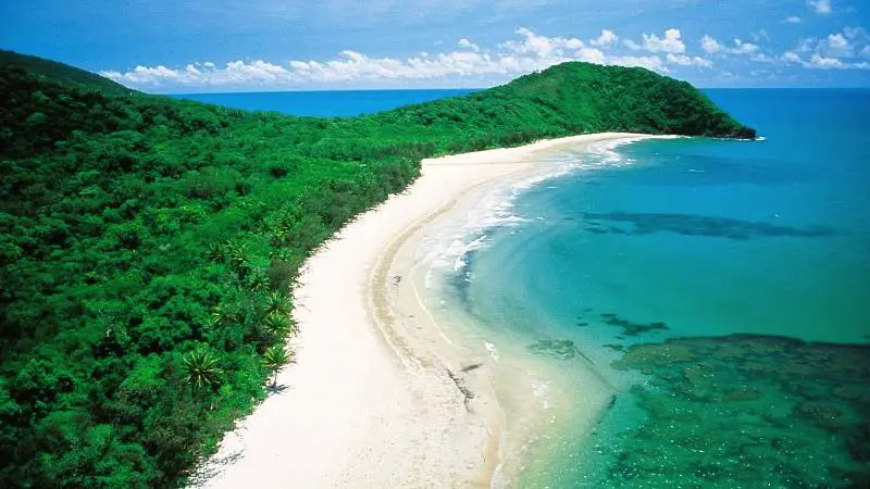 Stunning aerial view of Daintree’s lush coastline, ideal for exclusive small group Cape Tribulation day tours and nature adventures.