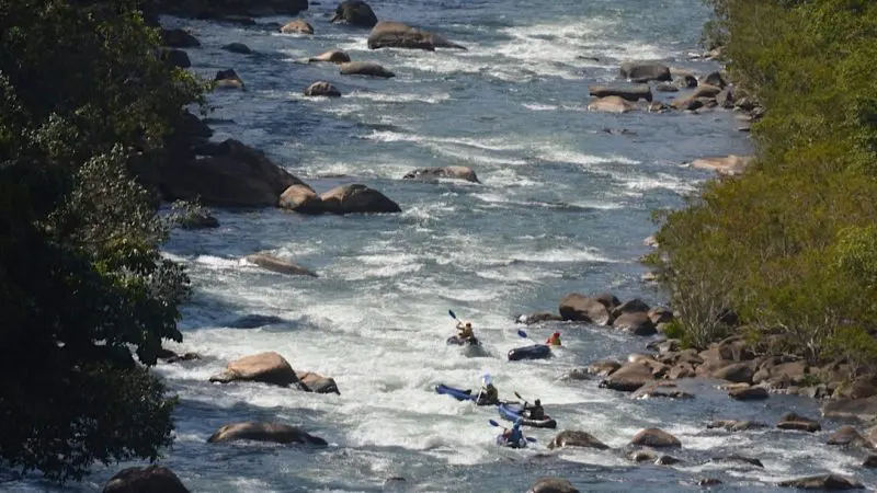 Adventurers white-water rafting on a fast, rocky river lined with lush jungle near Mission Beach, experiencing extreme outdoor thrills.