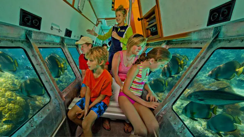 Family explores vibrant marine life and colourful coral reefs from a semi-submarine on a Half Day Green Island tour in crystal waters.