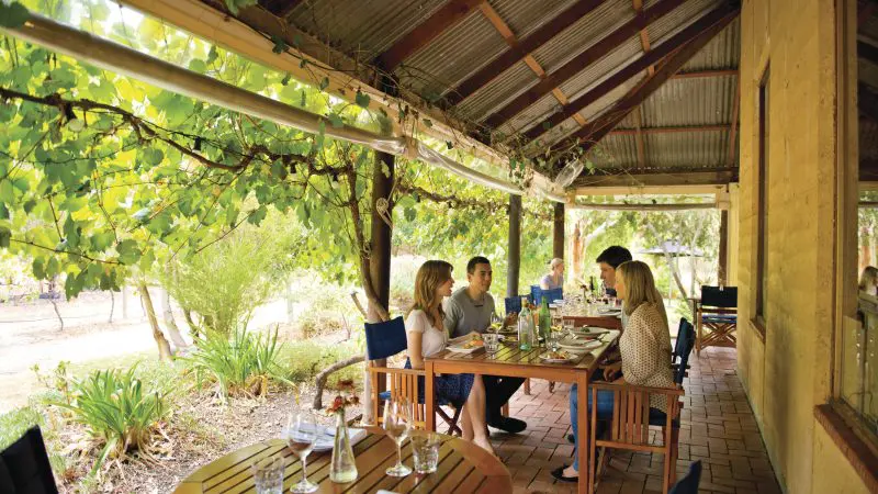 Group of four enjoying al fresco dining on a sunlit, covered patio—ideal for the McLaren Vale North Hop On Hop Off Tour experience.
