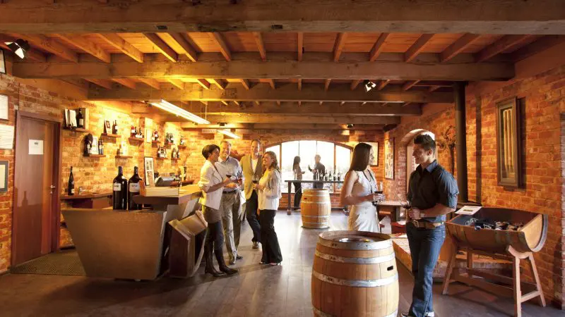 Guests enjoying premium wine tastings and lively conversation in a charming rustic winery on the McLaren Vale North Hop On Hop Off Tour.