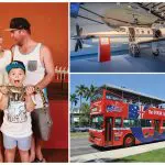 Vibrant collage of Croc N History Explorer: family holding a snake, aeroplane museum display, iconic red double-decker sightseeing bus.