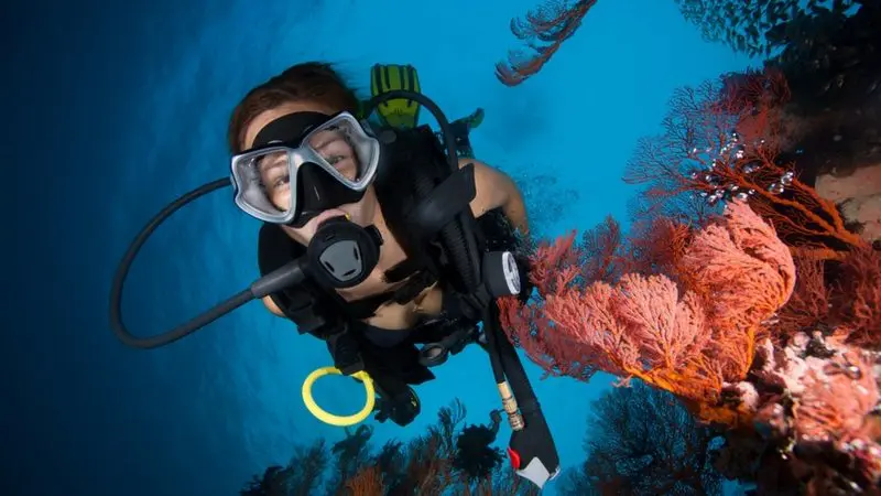 Certified scuba diver explores vibrant coral reef in crystal-clear blue water after completing PADI Open Water Course for beginners.
