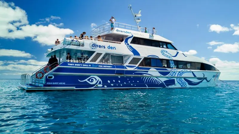Aquaquest Outer Reef Dive: Stunning white and blue boat with ocean-inspired art floats on crystal-clear tropical water under sunny skies.