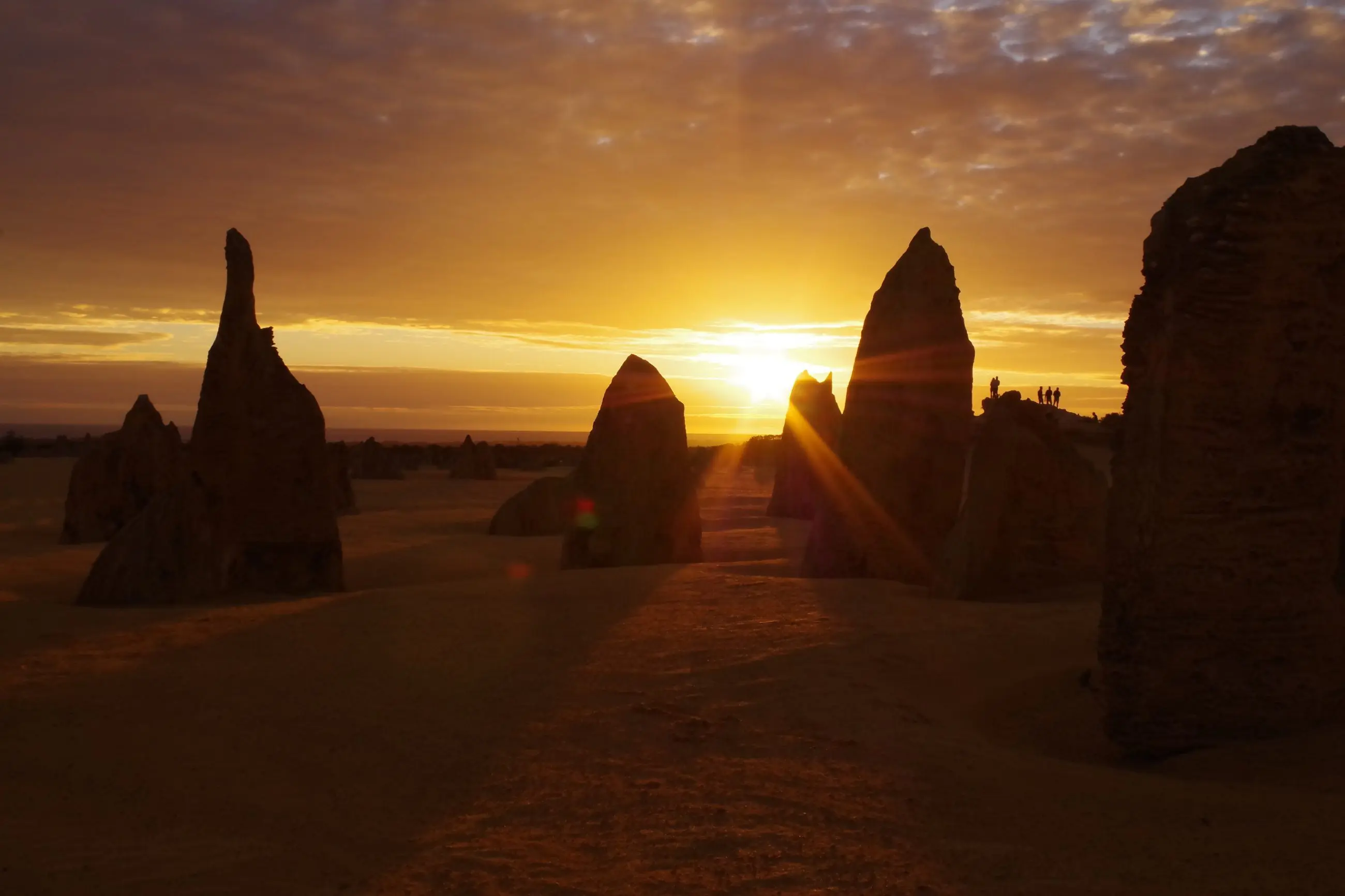 Spectacular tall limestone pinnacles glowing at sunset on the Perth to Exmouth tour, highlighting WA’s iconic desert landscapes.
