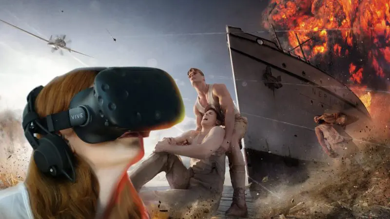 A Croc N History Explorer wearing a VR headset experiences an intense wartime ship explosion, surrounded by vivid digital battle visuals.
