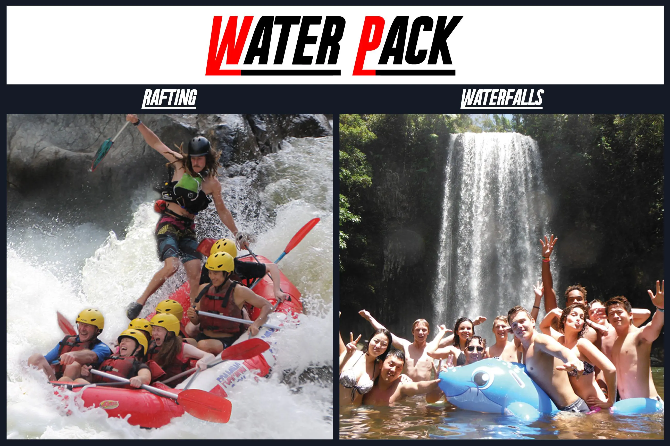 Split image: left, epic 2-day Cairns waterfall adventure and Barron River rafting; right, happy group smiles beside lush rainforest waterfalls.