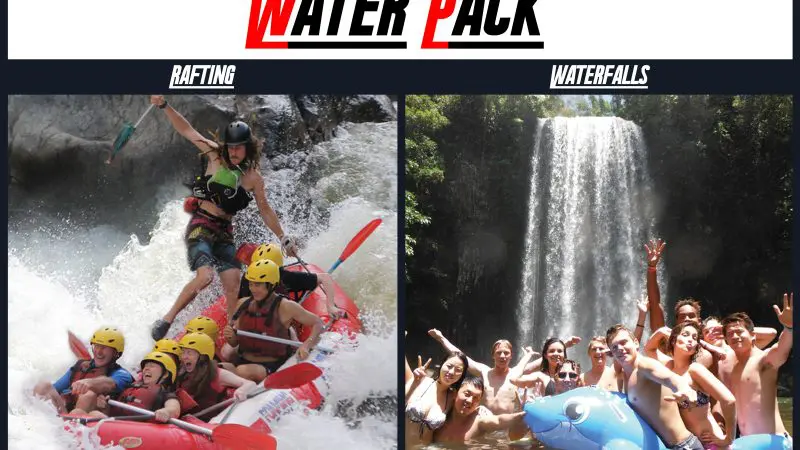 Split image: left, epic 2-day Cairns waterfall adventure and Barron River rafting; right, happy group smiles beside lush rainforest waterfalls.