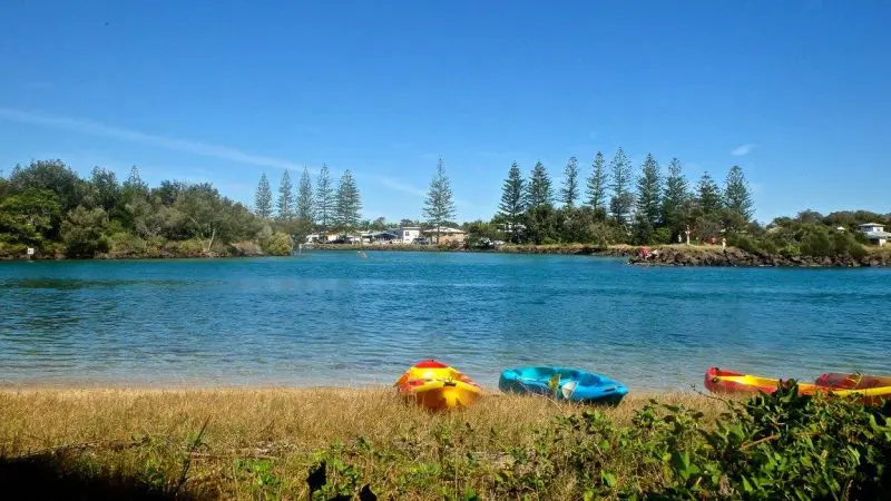 Vibrant kayaks on lush grass by Brunswick River, ready for a peaceful nature tour amid scenic landscapes and serene waterways.