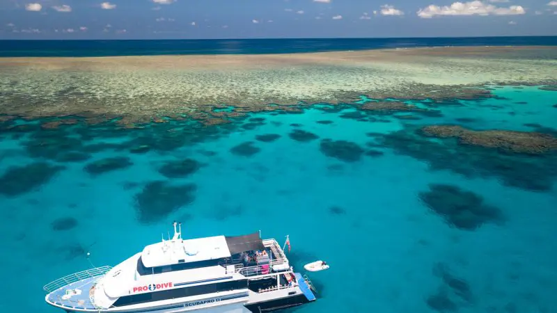 A pristine white liveaboard boat on crystal-clear turquoise waters by a vibrant reef, ideal for a 4-Day Learn to Dive adventure.
