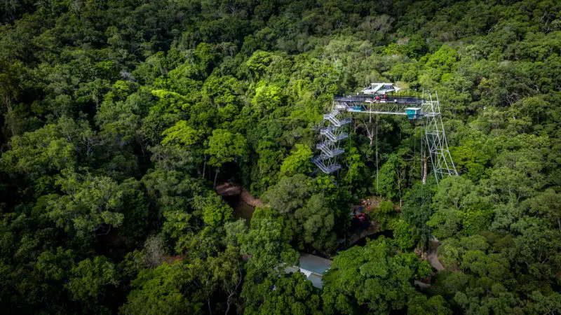 Steel observation tower at Roof Jump Skypark stands over lush forest, featuring spiral stairs for scenic treetop panoramic views.