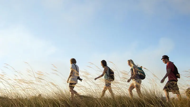 Adventurers with rucksacks trek through lush tall grass on a 1 Day Kakadu Wilderness Escape tour at Fogg Dam Wetlands, Australia.