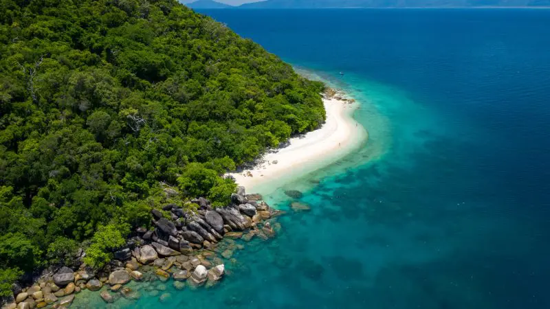 Stunning aerial view of Fitzroy Island, showcasing lush greenery, pristine sandy beaches, and crystal-clear turquoise waters.