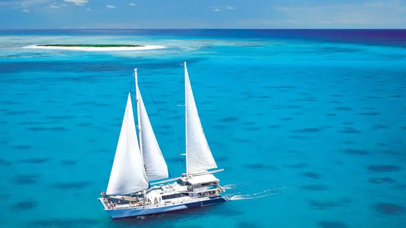 Ocean Spirit yacht with twin white sails cruising by Michaelmas Cay Reef under clear blue skies on a Great Barrier Reef tour.