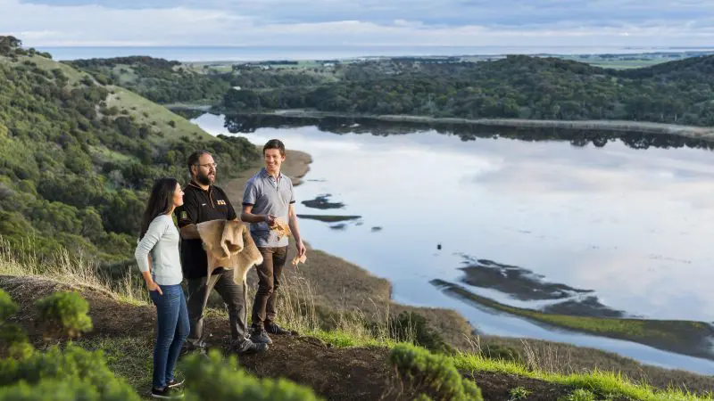 Three travellers on a lush grassy hill enjoy panoramic views during a 3 Day Great Ocean Road tour from Adelaide to Melbourne, Australia.