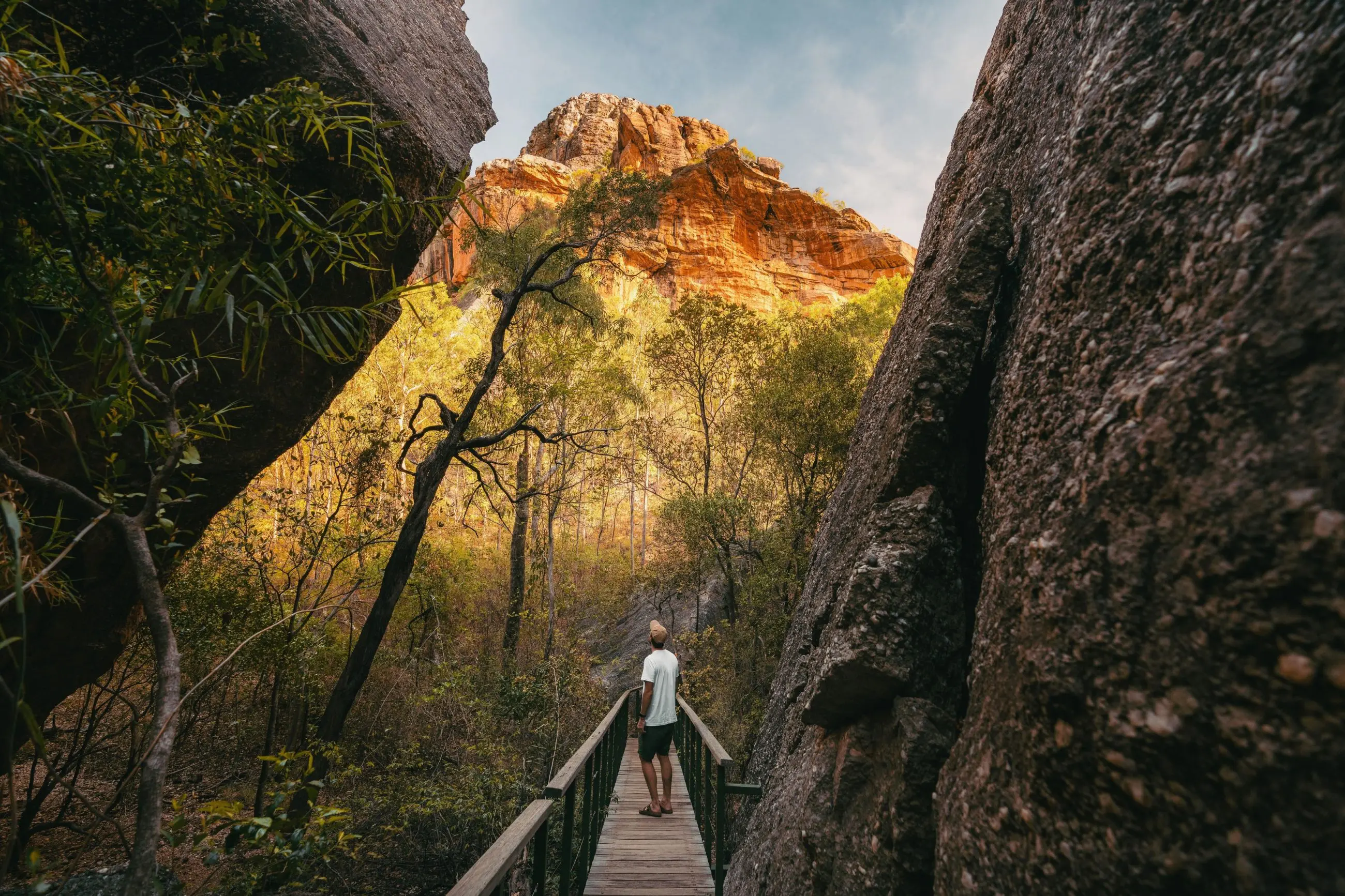 Discover the breathtaking scenery of Kakadu and Litchfield as a traveller explores sunlit cliffs from a wooden walkway on a 3-day 4WD tour.