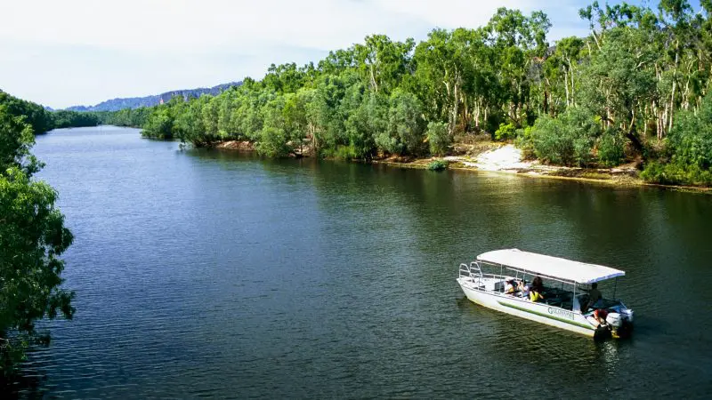 A scenic tour boat glides along the wide river on a 4 Day Kakadu Katherine Gorge Experience, framed by lush green forest views.