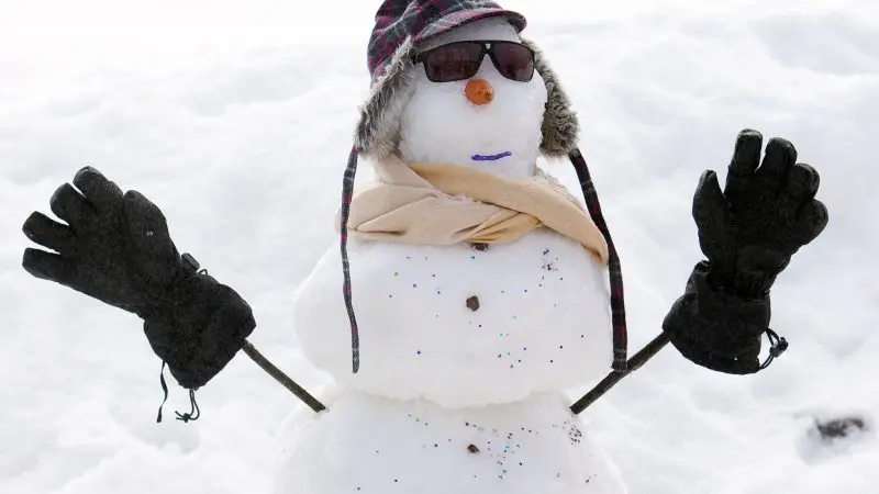 Cheerful snowman with sunglasses, checked hat, and scarf welcomes you to the 1 Day Lake Mountain Snow Waterfalls Tour from Melbourne.