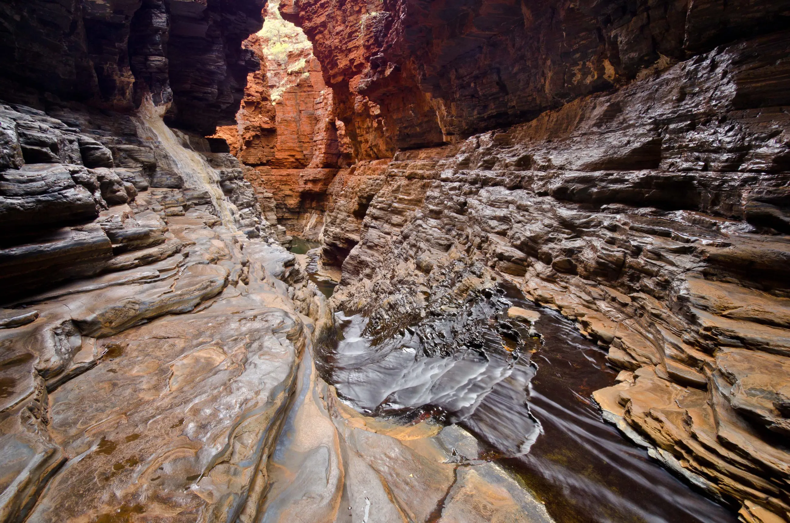 Stunning narrow rocky gorge with dramatic, layered stone walls—a must-see on the 10 Day Perth to Broome West Coast Adventure tour.