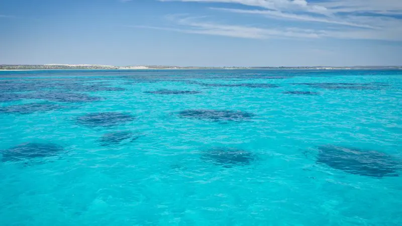 Vivid turquoise ocean with deep blue patches beneath partly cloudy skies, seen on a Darwin to Perth Adventure Combo tour experience.