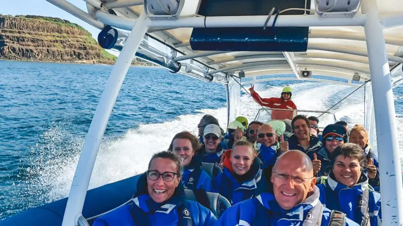 A cheerful group in blue jackets poses for photos on a whale watching tour boat cruising swiftly near a scenic, rocky coastline.