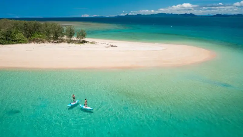 Two adventurers paddleboard in crystal-clear turquoise waters by a pristine sandy island on a Frankland Island Express Tour.