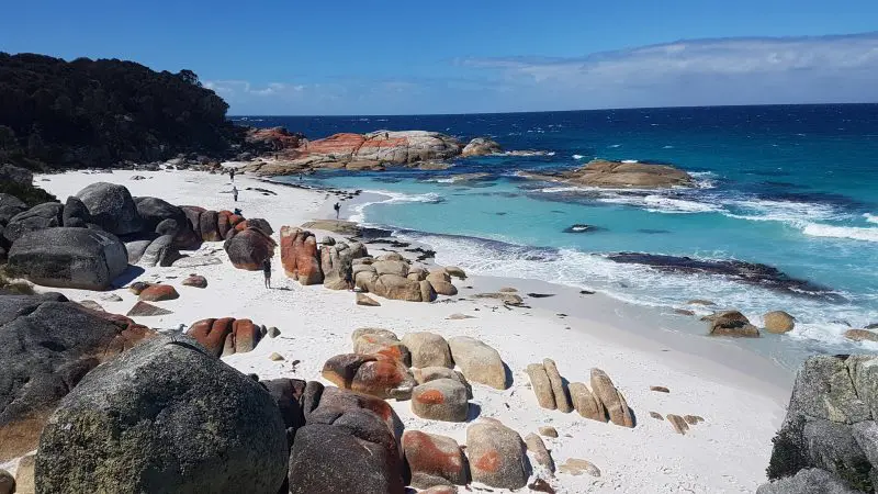 Stunning rocky beach with pristine white sand and vibrant turquoise water on the 4 Day Wild Tasmania Wilderness Loop tour experience.