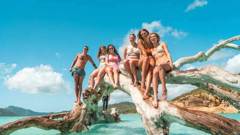 Six travellers in colourful swimsuits lounge on driftwood in crystal-clear blue water, soaking up the sun on a Fully Guided East Coast tour.
