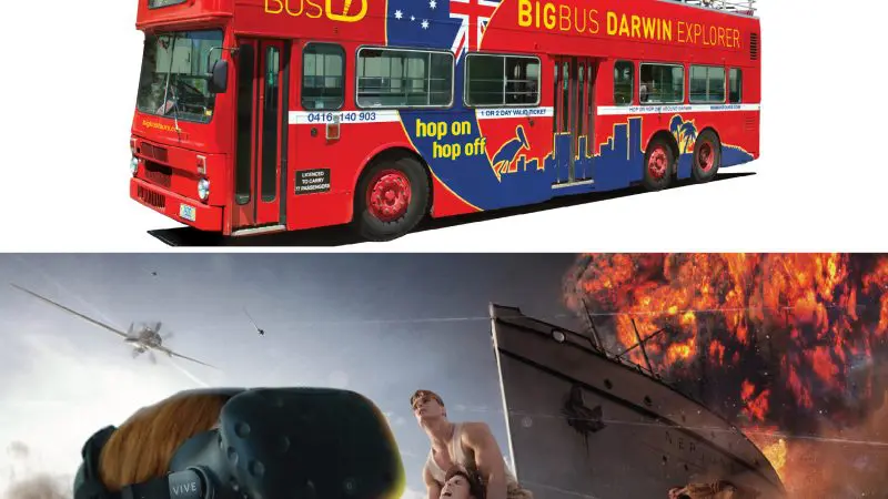 Croc N History red double-decker tour bus towers over woman in VR headset as an intense war scene unfolds, immersive experience.