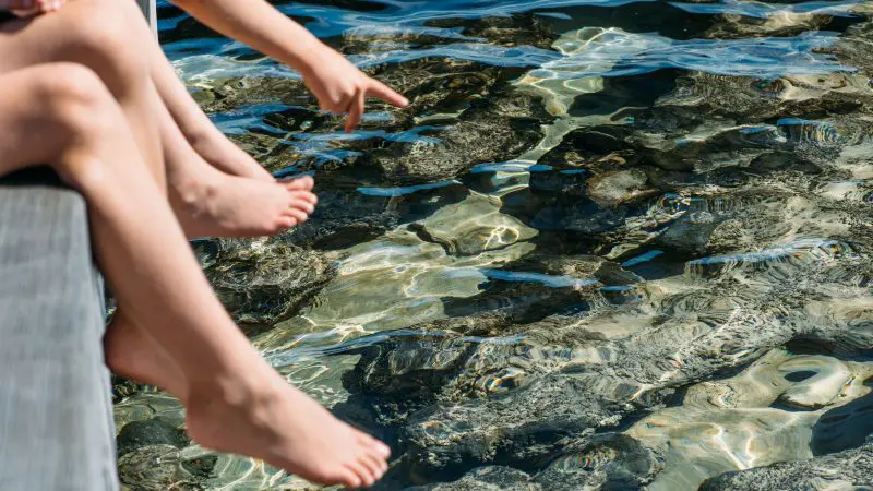 Two travellers by crystal-clear water on the 1 Day Pinnacles Lobster Lavender Day Tour from Perth, observing rocks beneath the surface.