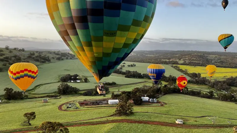 Vibrant hot air balloons soar over lush green fields at sunrise during a Perth Avon Valley Balloon Flight With Breakfast experience.