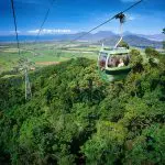 Experience breathtaking panoramic views as a green cable car glides over the lush Kuranda forest, ocean and blue sky beyond.