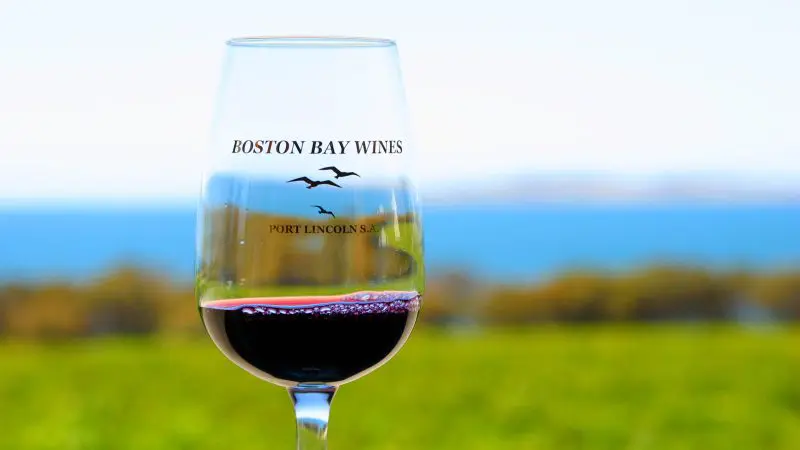 Premium glass of Boston Bay Wines red, savoured al fresco during a 6 Day Eyre Peninsula & Flinders Ranges Adventure Tour in Australia.