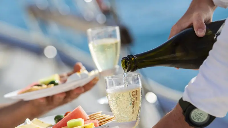 Champagne and food at Lady Enid Whitehaven sailing boat