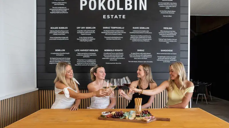 Four women clinking wine glasses at a table on a 1 Day Hunter Valley Wineries Tour from Sydney with Colourful Collective Travel.