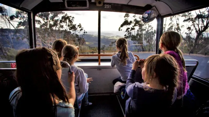 Children on the Boomerang Pass One Hour Sightseeing Tour look out a bus window at lush, scenic forests and breathtaking landscapes.