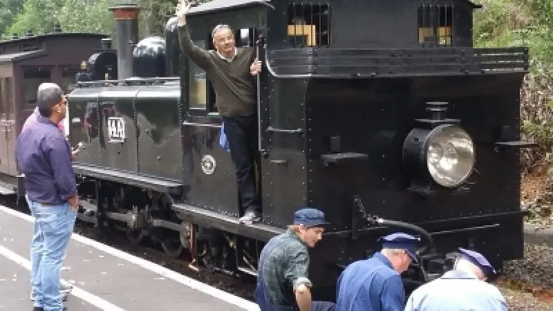 A man enthusiastically waves from a classic black steam locomotive on Rayners Orchard Tour 1 as visitors gather on the platform nearby.