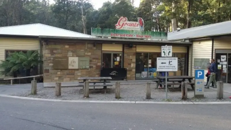 Scenic outdoor view of Grants on Sherbrooke café and souvenir shop, Tour 4 Rayners Orchard stop, nestled among lush green trees.